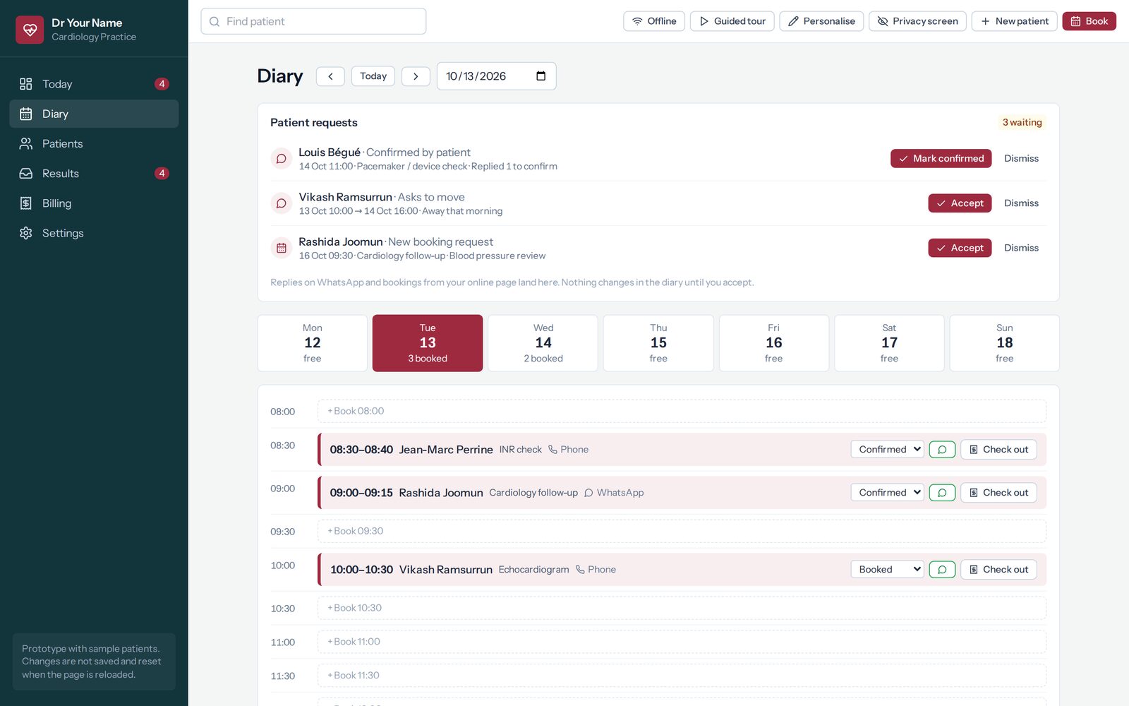 The appointment diary, with the day's clinic laid out