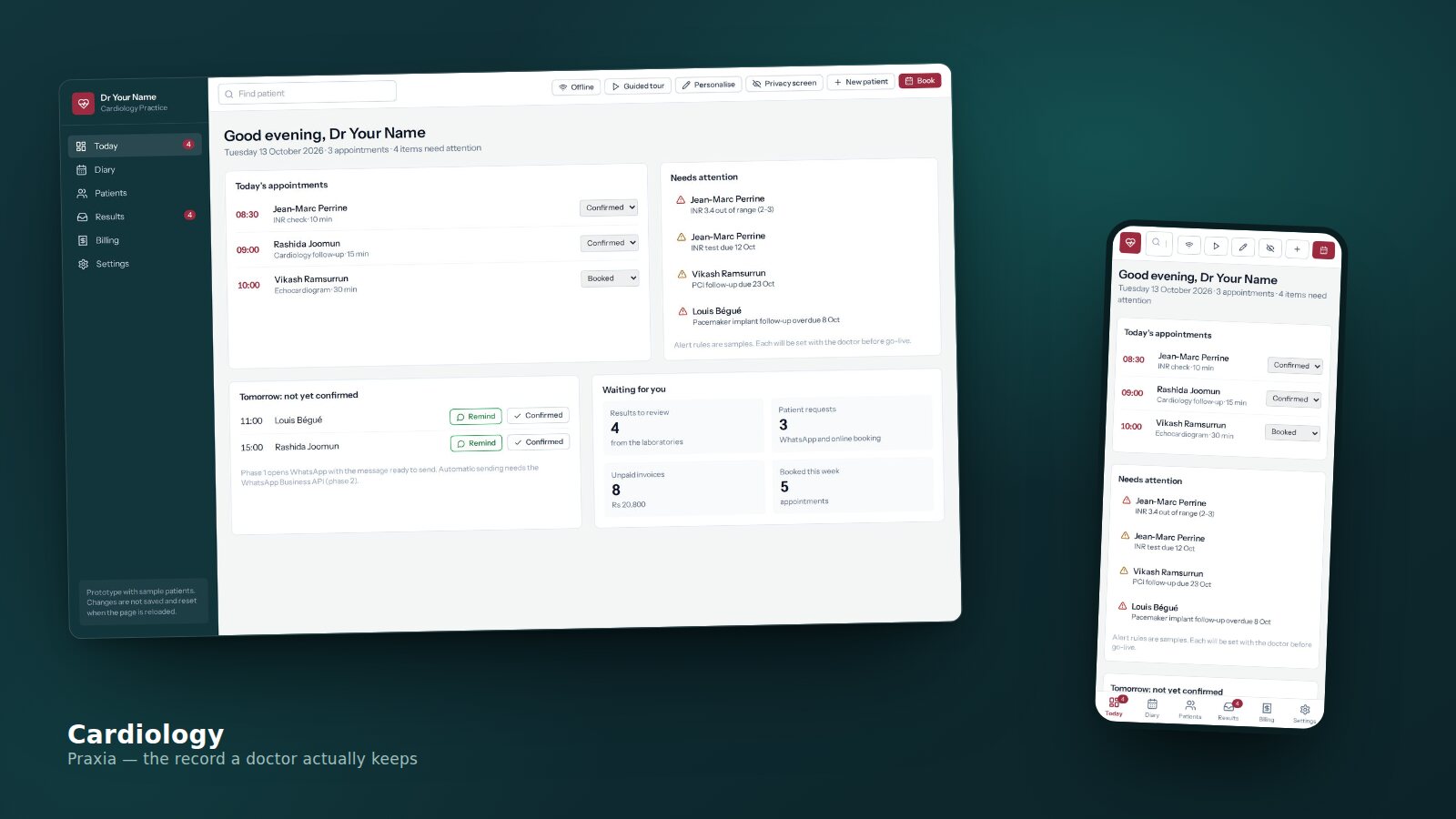 Praxia's cardiology screens on a laptop with the same record open on a phone beside it