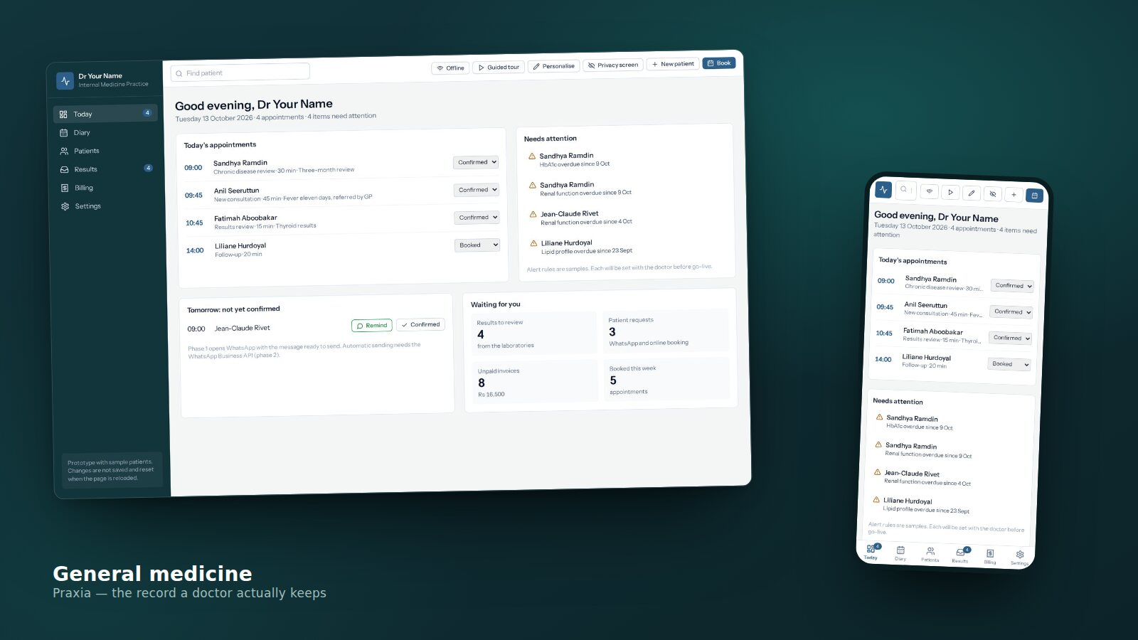 Praxia's medical screens on a laptop with the same record open on a phone beside it