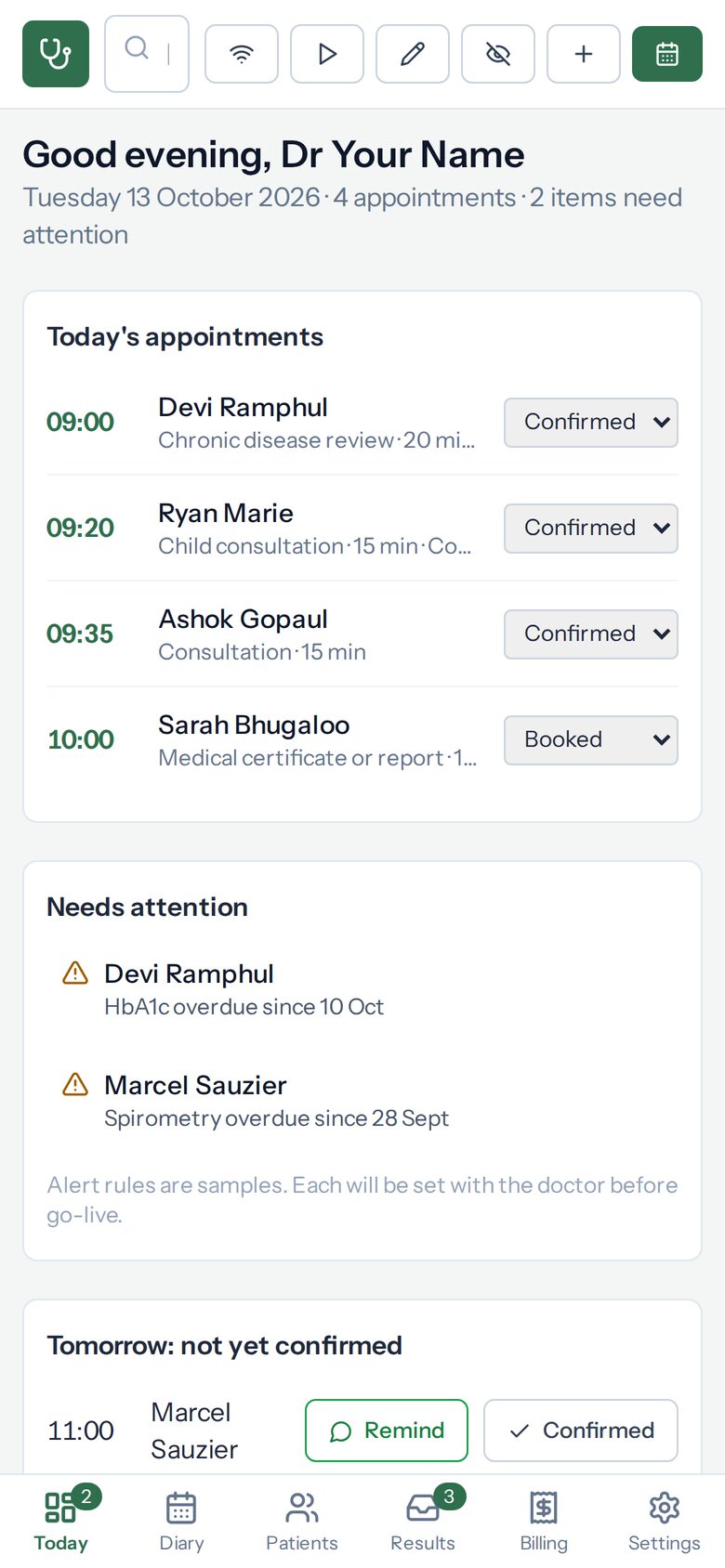 Praxia open on a handheld screen, showing the morning list