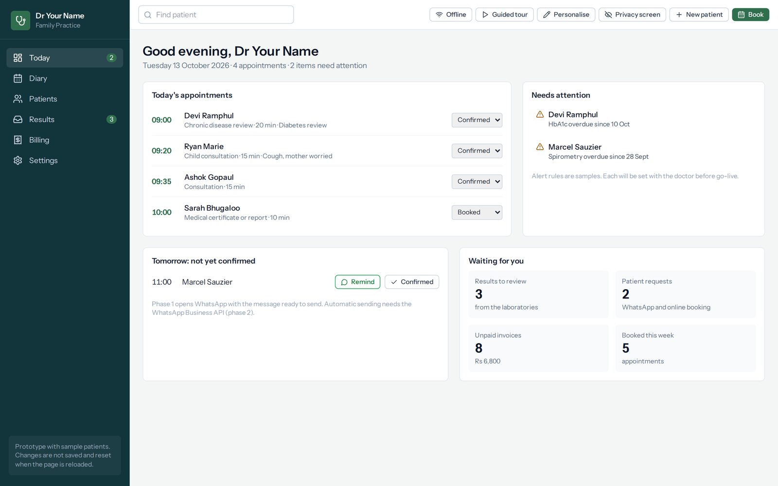The first screen of the morning: recalls above the day's appointments