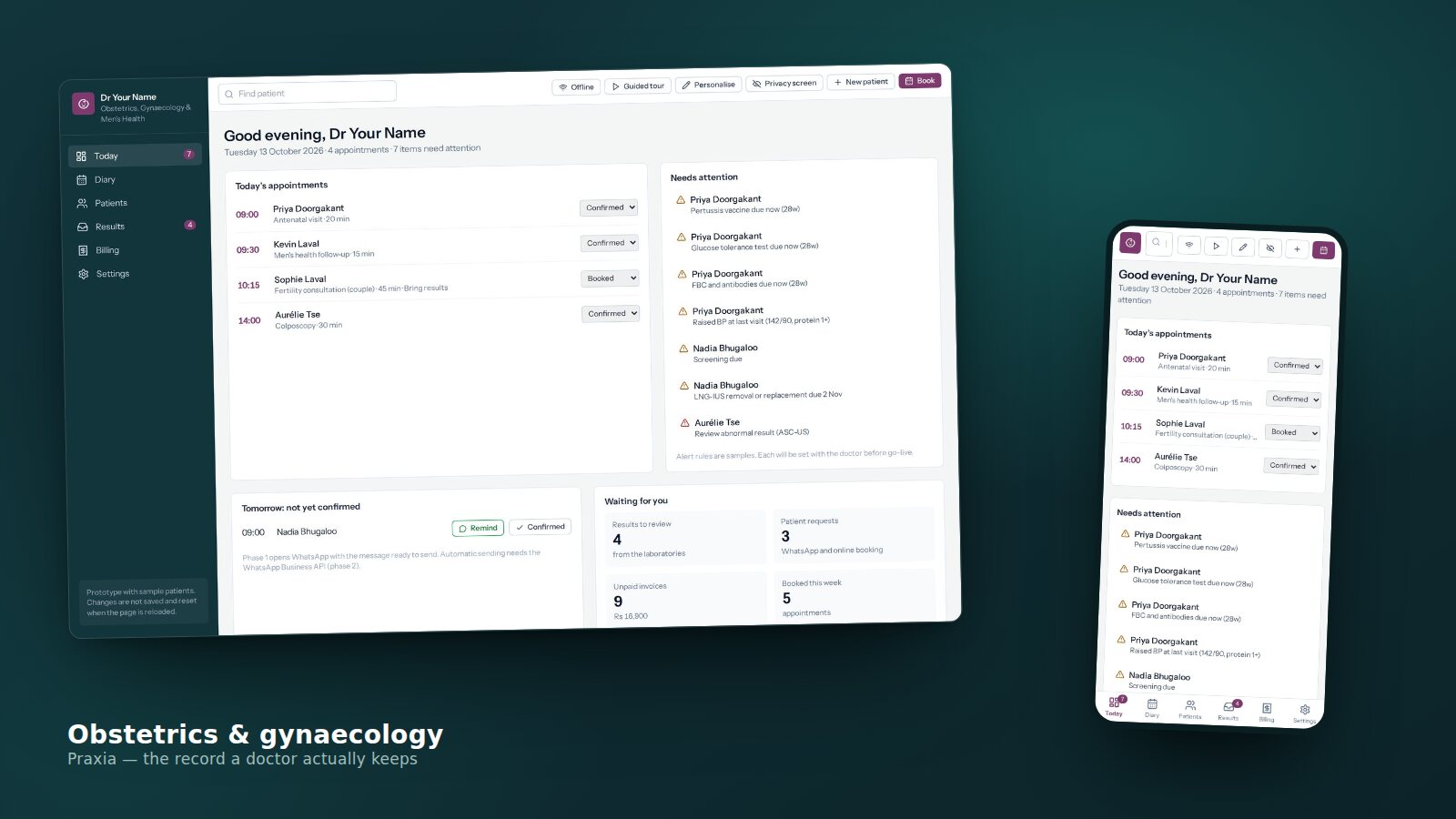 Praxia's obstetrics screens on a laptop with the same record open on a phone beside it
