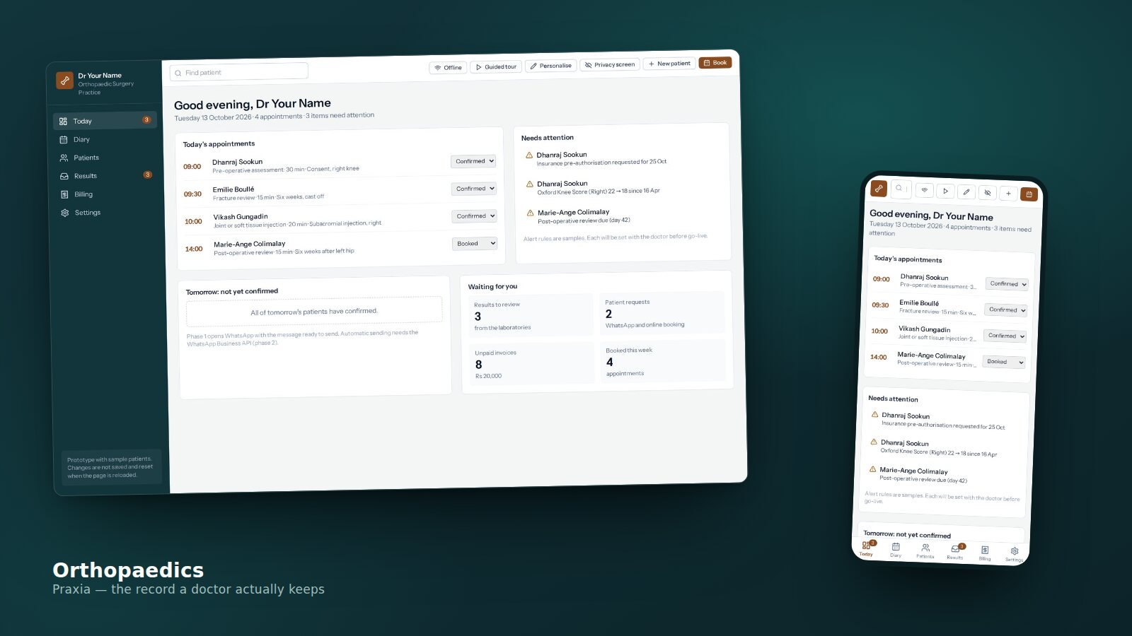 Praxia's orthopaedic screens on a laptop with the same record open on a phone beside it