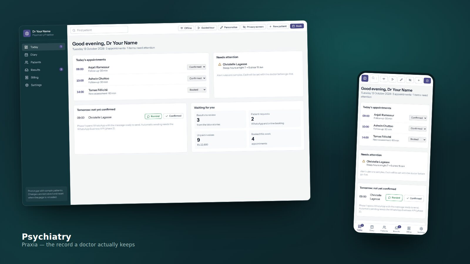 Praxia's psychiatry screens on a laptop with the same record open on a phone beside it